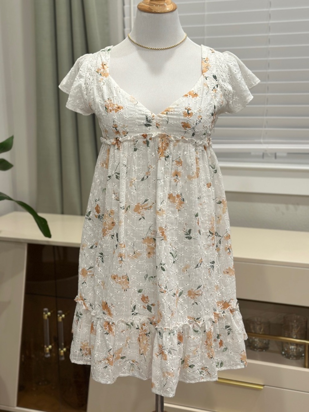 Altar'd State White Eyelet Mini Dress with Peach Floral Print